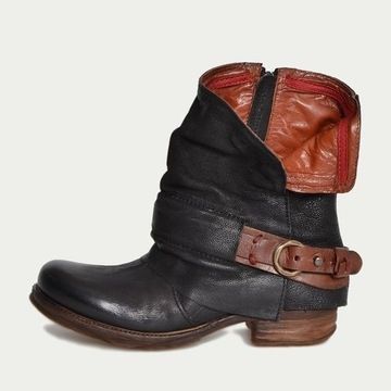 Women s Retro Belt Buckle Side Zipper Boots