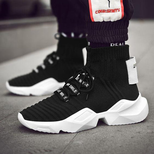 Men's Chic Black/White High Top Sock Sneaker Shoes - Abershoes