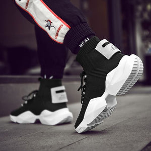 Men's Chic Black/White High Top Sock Sneaker Shoes - Abershoes