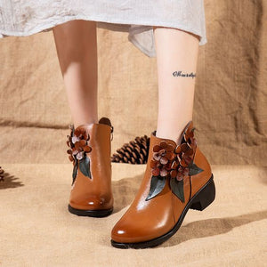 Floral Design Ethnic Leather Short Boots - Abershoes