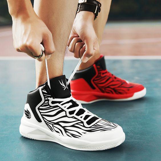 A Couple White & Red High-top Basketball Shoes - Abershoes