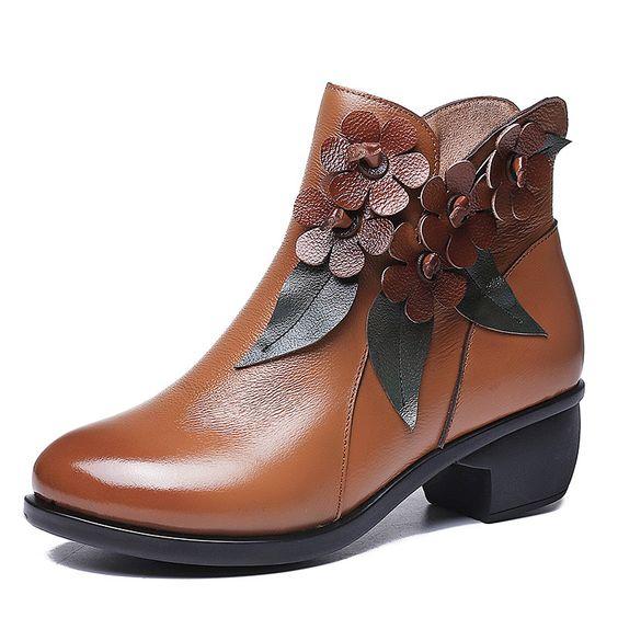 Floral Design Ethnic Leather Short Boots - Abershoes